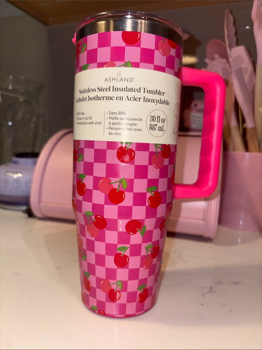 Ashland Pink Cherry Check Stainless Steel Tumbler with Pink Handle, no straw - Picture 4 of 4